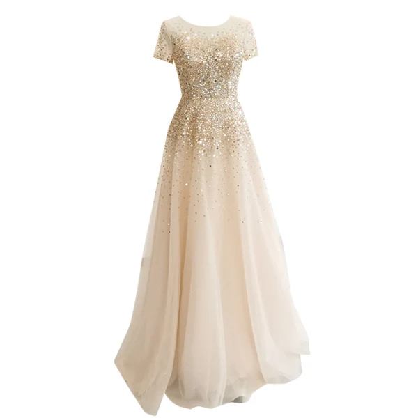 Haut de Gamme Champagne Transparentes Robe De Bal 2020 Princesse Encolure Dégagée Manches Courtes Perlage Paillettes Longue Volants Robe De Ceremonie
