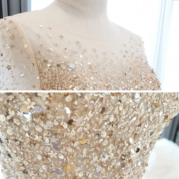 Haut de Gamme Champagne Transparentes Robe De Bal 2020 Princesse Encolure Dégagée Manches Courtes Perlage Paillettes Longue Volants Robe De Ceremonie