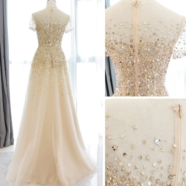 Haut de Gamme Champagne Transparentes Robe De Bal 2020 Princesse Encolure Dégagée Manches Courtes Perlage Paillettes Longue Volants Robe De Ceremonie