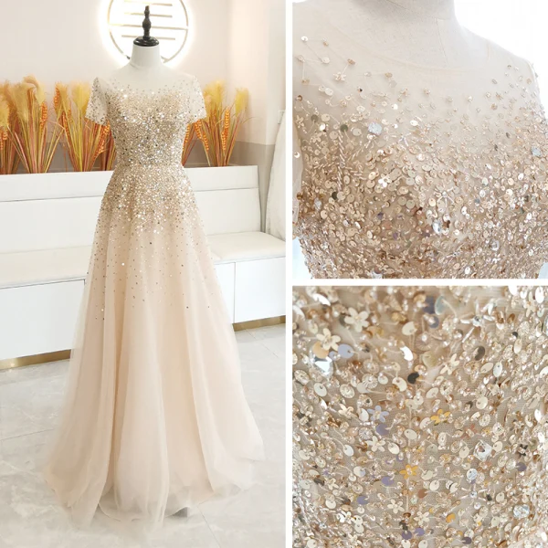 Haut de Gamme Champagne Transparentes Robe De Bal 2020 Princesse Encolure Dégagée Manches Courtes Perlage Paillettes Longue Volants Robe De Ceremonie
