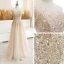 Haut de Gamme Champagne Transparentes Robe De Bal 2020 Princesse Encolure Dégagée Manches Courtes Perlage Paillettes Longue Volants Robe De Ceremonie