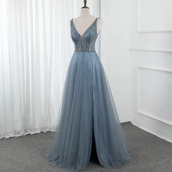 Haut De Gamme Océan Bleu Dansant Robe De Bal 2020 Princesse Col V Profond Sans Manches Perlage Paillettes Glitter Tulle Fendue Devant Longue Volants Dos Nu Robe De Ceremonie