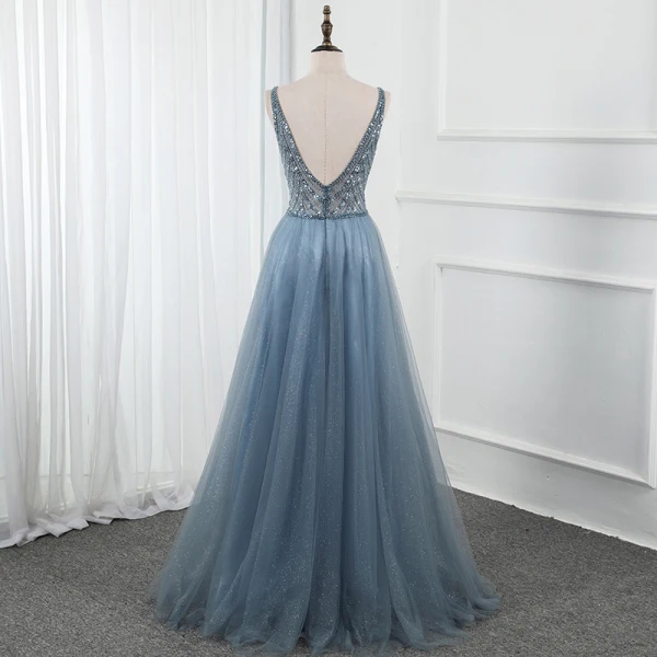 Haut de Gamme Océan Bleu Dansant Robe De Bal 2020 Princesse Col v profond Sans Manches Perlage Paillettes Glitter Tulle Fendue devant Longue Volants Dos Nu Robe De Ceremonie