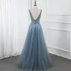 High-end Ocean Blue Dancing Prom Dresses 2020 A-Line / Princess Deep V-Neck Sleeveless Beading Sequins Glitter Tulle Split Front Floor-Length / Long Ruffle Backless Formal Dresses