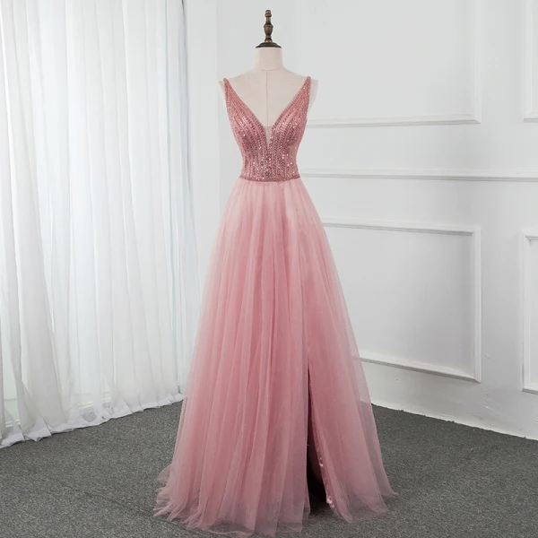 Haut de Gamme Océan Bleu Dansant Robe De Bal 2020 Princesse Col v profond Sans Manches Perlage Paillettes Glitter Tulle Fendue devant Longue Volants Dos Nu Robe De Ceremonie