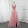 High-end Ocean Blue Dancing Prom Dresses 2020 A-Line / Princess Deep V-Neck Sleeveless Beading Sequins Glitter Tulle Split Front Floor-Length / Long Ruffle Backless Formal Dresses