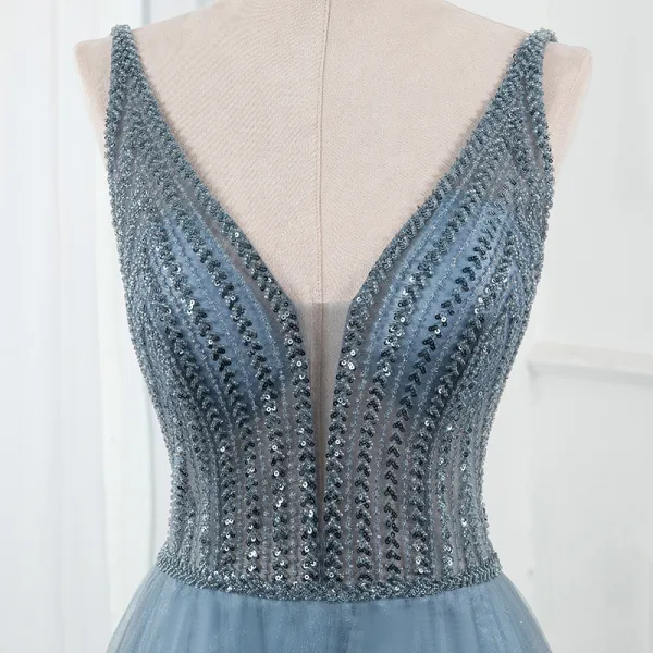 V-neck Long A-line Gradient Royal Blue Tulle Prom Dresses, Beaded Prom Dresses, 2020 Prom Dresses V-neck Long A-line Gradient Royal Blue Tulle Prom Dresses, Beaded Prom Dresses, 2020 Prom Dresses