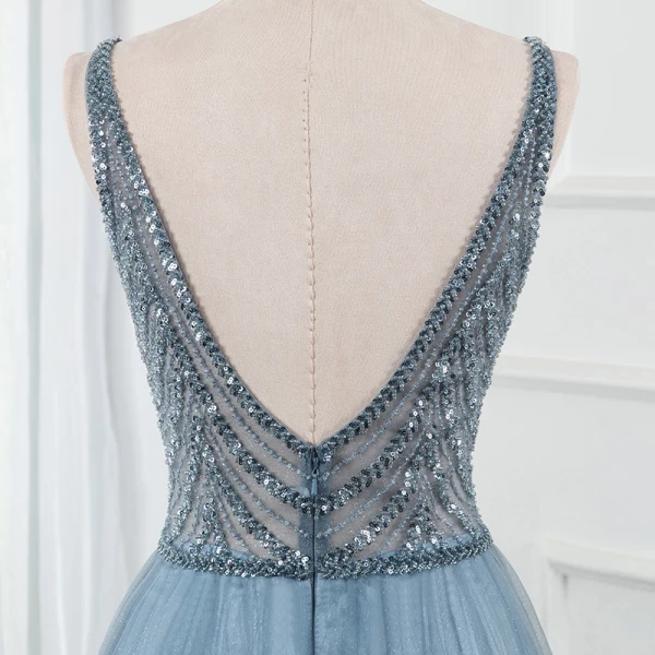Haut de Gamme Océan Bleu Dansant Robe De Bal 2020 Princesse Col v profond Sans Manches Perlage Paillettes Glitter Tulle Fendue devant Longue Volants Dos Nu Robe De Ceremonie