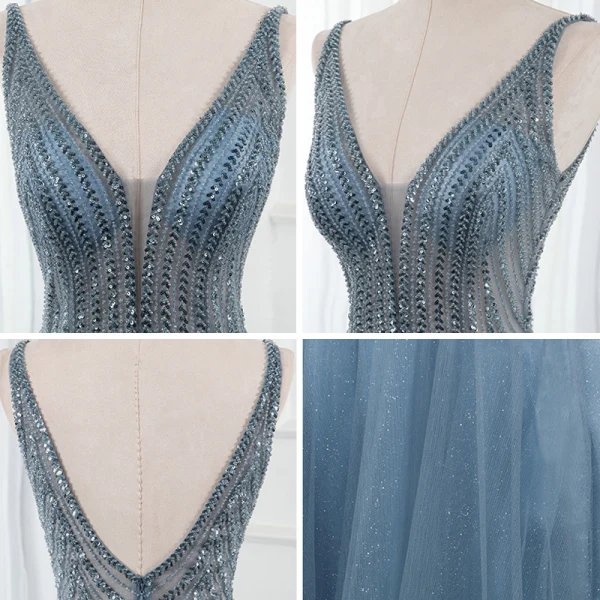 Haut de Gamme Océan Bleu Dansant Robe De Bal 2020 Princesse Col v profond Sans Manches Perlage Paillettes Glitter Tulle Fendue devant Longue Volants Dos Nu Robe De Ceremonie