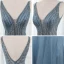 Haut de Gamme Océan Bleu Dansant Robe De Bal 2020 Princesse Col v profond Sans Manches Perlage Paillettes Glitter Tulle Fendue devant Longue Volants Dos Nu Robe De Ceremonie
