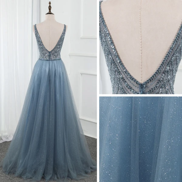 Haut de Gamme Océan Bleu Dansant Robe De Bal 2020 Princesse Col v profond Sans Manches Perlage Paillettes Glitter Tulle Fendue devant Longue Volants Dos Nu Robe De Ceremonie