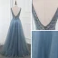 Haut de Gamme Océan Bleu Dansant Robe De Bal 2020 Princesse Col v profond Sans Manches Perlage Paillettes Glitter Tulle Fendue devant Longue Volants Dos Nu Robe De Ceremonie