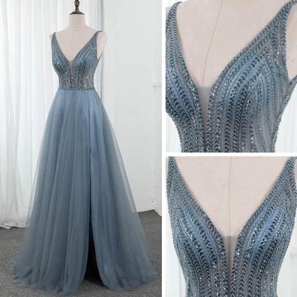 Haut de Gamme Océan Bleu Dansant Robe De Bal 2020 Princesse Col v profond Sans Manches Perlage Paillettes Glitter Tulle Fendue devant Longue Volants Dos Nu Robe De Ceremonie