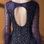 Luxe Bleu Marine Tapis rouge Robe De Soirée 2020 Trompette / Sirène Encolure Carrée Manches Longues Perlage Gland Plumes Paillettes Train De Balayage Volants Dos Nu
