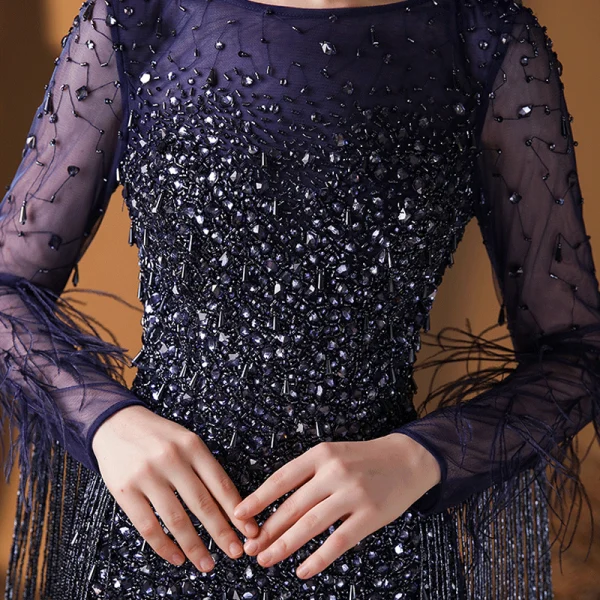 Luxe Bleu Marine Tapis rouge Robe De Soirée 2020 Trompette / Sirène Encolure Carrée Manches Longues Perlage Gland Plumes Paillettes Train De Balayage Volants Dos Nu