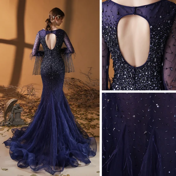 Luxe Bleu Marine Tapis rouge Robe De Soirée 2020 Trompette / Sirène Encolure Carrée Manches Longues Perlage Gland Plumes Paillettes Train De Balayage Volants Dos Nu