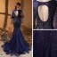 Luxe Bleu Marine Tapis rouge Robe De Soirée 2020 Trompette / Sirène Encolure Carrée Manches Longues Perlage Gland Plumes Paillettes Train De Balayage Volants Dos Nu