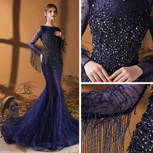 Luxe Bleu Marine Tapis rouge Robe De Soirée 2020 Trompette / Sirène Encolure Carrée Manches Longues Perlage Gland Plumes Paillettes Train De Balayage Volants Dos Nu