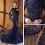 Luxe Bleu Marine Tapis rouge Robe De Soirée 2020 Trompette / Sirène Encolure Carrée Manches Longues Perlage Gland Plumes Paillettes Train De Balayage Volants Dos Nu
