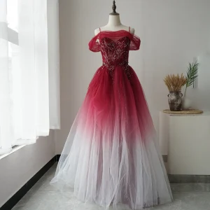 High End Red Prom Dresses 2020 A Line Princess Spaghetti Straps Short Sleeve Beading Glitter Tulle Floor Length Long Ruffle Backless Formal Dresses