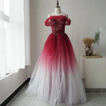 High End Red Prom Dresses 2020 A Line Princess Spaghetti Straps Short Sleeve Beading Glitter Tulle Floor Length Long Ruffle Backless Formal Dresses