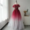 High-end Red Prom Dresses 2020 A-Line / Princess Spaghetti Straps Short Sleeve Beading Glitter Tulle Floor-Length / Long Ruffle Backless Formal Dresses