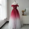 High-end Red Prom Dresses 2020 A-Line / Princess Spaghetti Straps Short Sleeve Beading Glitter Tulle Floor-Length / Long Ruffle Backless Formal Dresses
