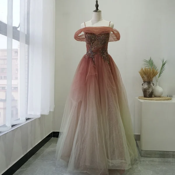 High-end Red Prom Dresses 2020 A-Line / Princess Spaghetti Straps Short Sleeve Beading Glitter Tulle Floor-Length / Long Ruffle Backless Formal Dresses