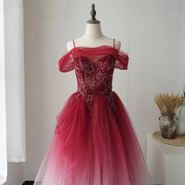 High-end Red Prom Dresses 2020 A-Line / Princess Spaghetti Straps Short Sleeve Beading Glitter Tulle Floor-Length / Long Ruffle Backless Formal Dresses