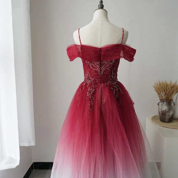 High-end Red Prom Dresses 2020 A-Line / Princess Spaghetti Straps Short Sleeve Beading Glitter Tulle Floor-Length / Long Ruffle Backless Formal Dresses