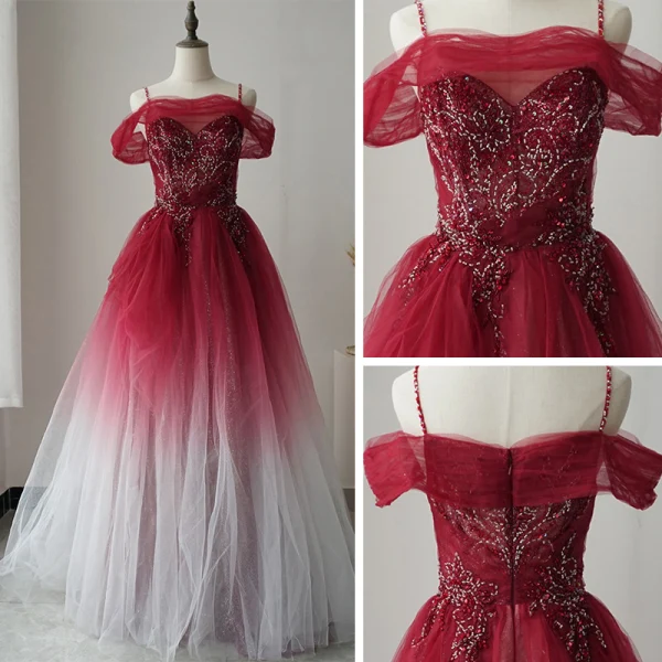 High-end Red Prom Dresses 2020 A-Line / Princess Spaghetti Straps Short Sleeve Beading Glitter Tulle Floor-Length / Long Ruffle Backless Formal Dresses