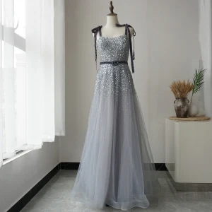 High End Grey Prom Dresses 2020 A Line Princess Spaghetti Straps Sleeveless Beading Sequins Sash Floor Length Long Ruffle Backless Formal Dresses