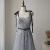 High-end Grey Prom Dresses 2020 A-Line / Princess Spaghetti Straps Sleeveless Beading Sequins Sash Floor-Length / Long Ruffle Backless Formal Dresses