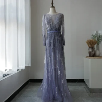High End Ocean Blue Red Carpet Evening Dresses 2020 Sheath Fit See Through Long Sleeve Square Neckline Beading Sequins Sash Floor Length Long Ruffle Formal Dresses