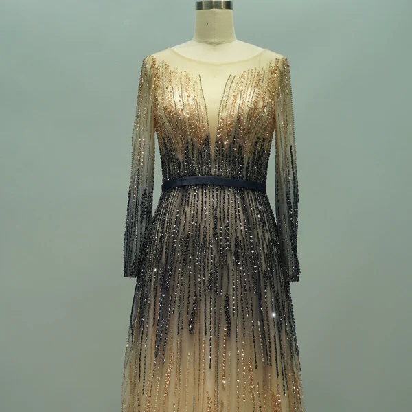 Haut de Gamme Océan Bleu Tapis rouge Robe De Soirée 2020 Gaine / Ajustement Transparentes Manches Longues Encolure Carrée Perlage Paillettes Ceinture Longue Volants Robe De Ceremonie