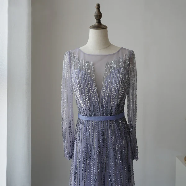 Haut de Gamme Océan Bleu Tapis rouge Robe De Soirée 2020 Gaine / Ajustement Transparentes Manches Longues Encolure Carrée Perlage Paillettes Ceinture Longue Volants Robe De Ceremonie