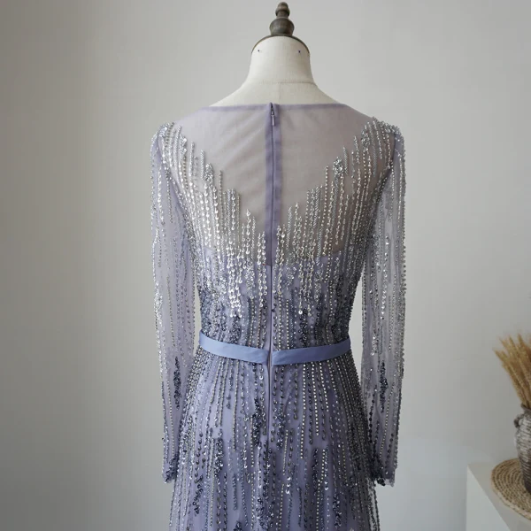 Haut de Gamme Océan Bleu Tapis rouge Robe De Soirée 2020 Gaine / Ajustement Transparentes Manches Longues Encolure Carrée Perlage Paillettes Ceinture Longue Volants Robe De Ceremonie