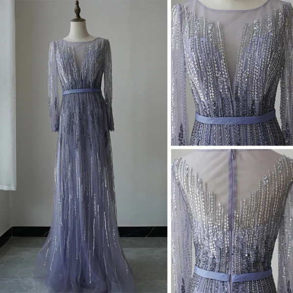 Haut de Gamme Océan Bleu Tapis rouge Robe De Soirée 2020 Gaine / Ajustement Transparentes Manches Longues Encolure Carrée Perlage Paillettes Ceinture Longue Volants Robe De Ceremonie