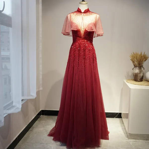 High-end Burgundy Red Carpet Evening Dresses  With Shawl 2020 A-Line / Princess See-through Scoop Neck Sleeveless Beading Sweep Train Ruffle Backless Formal Dresses