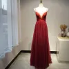 High-end Burgundy Red Carpet Evening Dresses  With Shawl 2020 A-Line / Princess See-through Scoop Neck Sleeveless Beading Sweep Train Ruffle Backless Formal Dresses