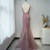 High-end Purple Evening Dresses  2020 Trumpet / Mermaid Deep V-Neck Sleeveless Beading Sequins Feather Sash Floor-Length / Long Ruffle Backless Formal Dresses