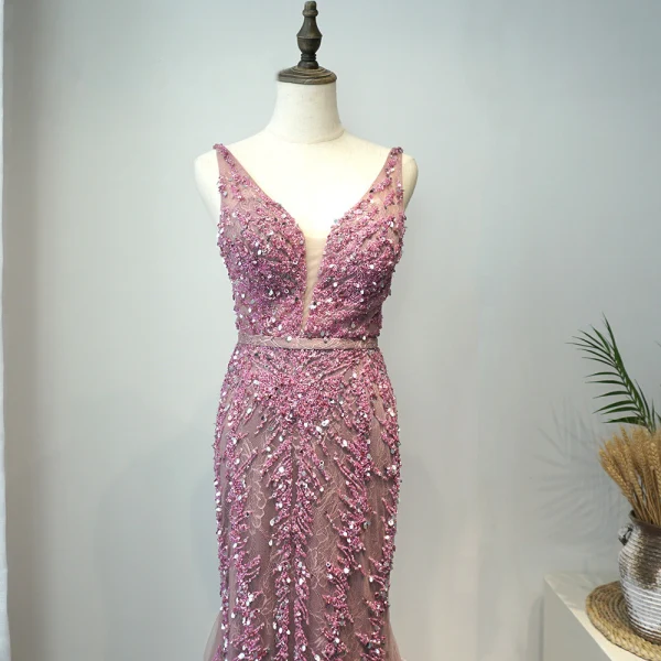 Haut de Gamme Violet Robe De Soirée 2020 Trompette / Sirène Col v profond Sans Manches Perlage Paillettes Plumes Ceinture Longue Volants Dos Nu Robe De Ceremonie