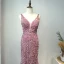 Haut de Gamme Violet Robe De Soirée 2020 Trompette / Sirène Col v profond Sans Manches Perlage Paillettes Plumes Ceinture Longue Volants Dos Nu Robe De Ceremonie