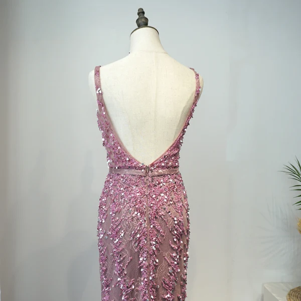 Haut de Gamme Violet Robe De Soirée 2020 Trompette / Sirène Col v profond Sans Manches Perlage Paillettes Plumes Ceinture Longue Volants Dos Nu Robe De Ceremonie
