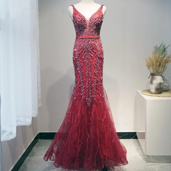 Haut de Gamme Violet Robe De Soirée 2020 Trompette / Sirène Col v profond Sans Manches Perlage Paillettes Plumes Ceinture Longue Volants Dos Nu Robe De Ceremonie