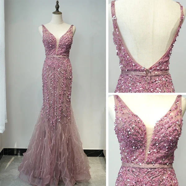 Haut de Gamme Violet Robe De Soirée 2020 Trompette / Sirène Col v profond Sans Manches Perlage Paillettes Plumes Ceinture Longue Volants Dos Nu Robe De Ceremonie