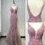 Haut de Gamme Violet Robe De Soirée 2020 Trompette / Sirène Col v profond Sans Manches Perlage Paillettes Plumes Ceinture Longue Volants Dos Nu Robe De Ceremonie