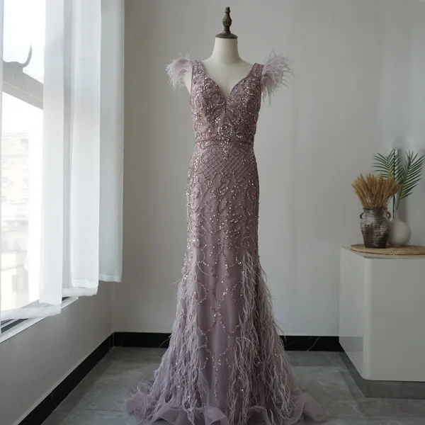 High-end Purple Evening Dresses  2020 Trumpet / Mermaid Deep V-Neck Sleeveless Feather Beading Sequins Sweep Train Ruffle Backless Formal Dresses