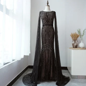 Haut De Gamme Noire Tapis Rouge Robe De Soirée 2020 Trompette Sirène Transparentes Encolure Carrée Sans Manches Fait Main Perlage Ceinture Train De Balayage Volants Robe De Ceremonie