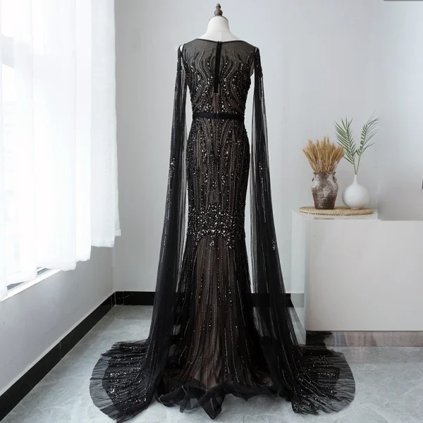 High End Schwarz Roter Teppich Abendkleider 2020 Meerjungfrau Durchsichtige Eckiger Ausschnitt Ärmellos Handgefertigt Perlenstickerei Stoffgürtel Sweep / Pinsel Zug Rüschen Festliche Kleider